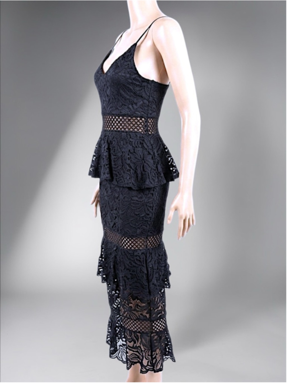 Little Mistress Black Lace Ruffle Midi Dress – Size 6 - Picture 12 of 14